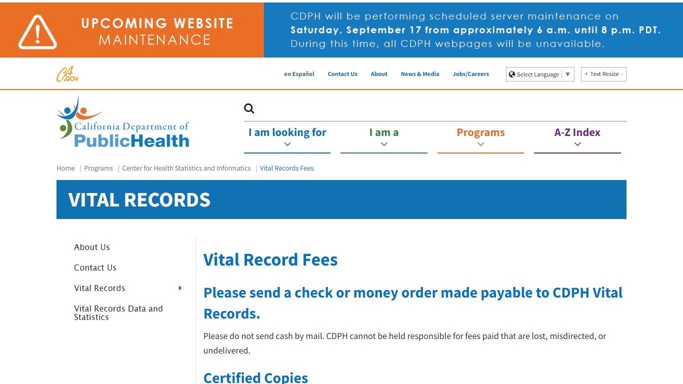 Vital Records Fees - California